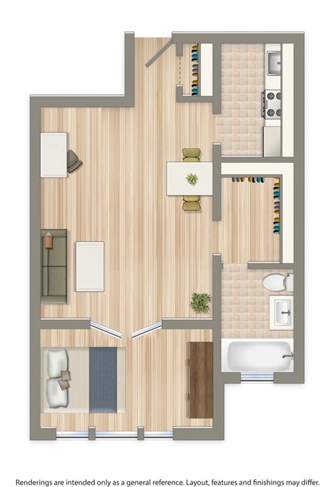 a studio apartment floor plan rendering at eddystone apartments in washington dc